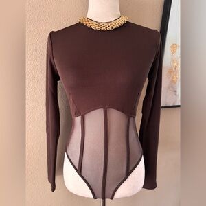 Elegant Brown Mesh Ribbed Bodysuit Top